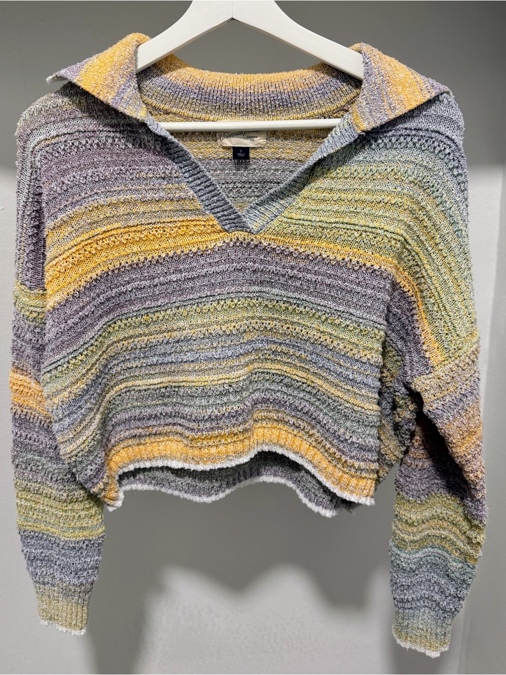 Universal Thread Striped V-Neck Crochet Knit Sweater in Yellow, Blue, Green